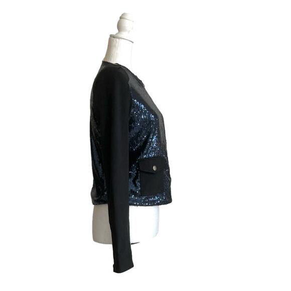 Lumiere Jacket Blazer Coat Black Blue Sequins Front Side Zip Cropped Party Small - Picture 6 of 16